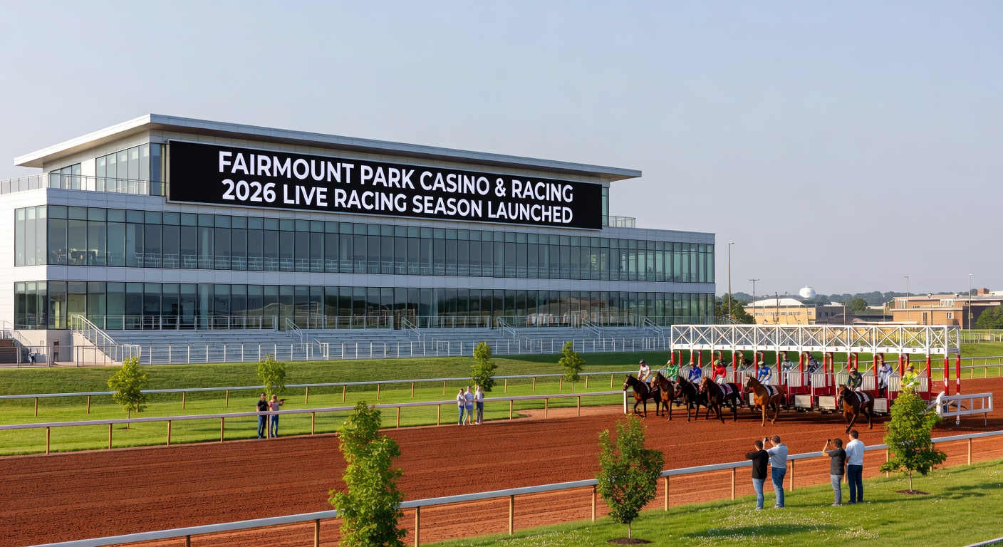 Close-up of jockeys and horses at the starting gate during Fairmount Park's 2026 season opener, capturing the intensity of the first race