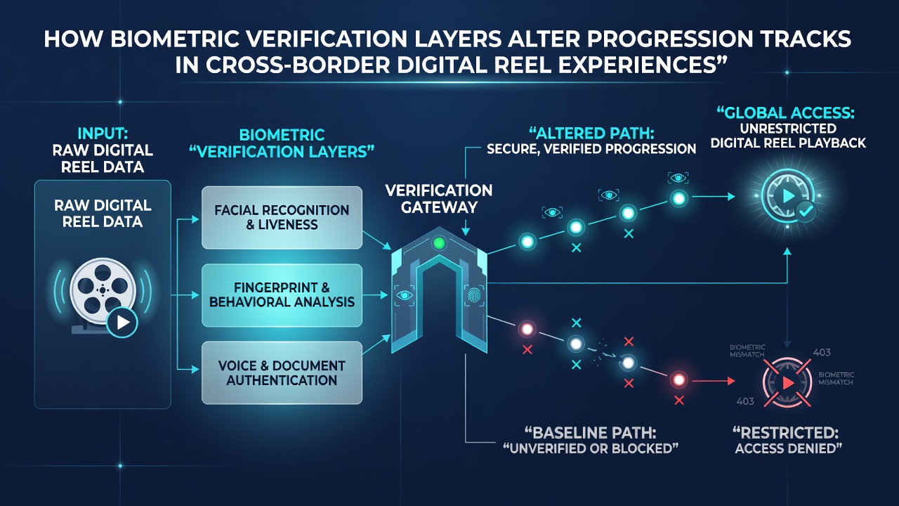 Cross-border digital reel interface displaying progression track with biometric verification overlay