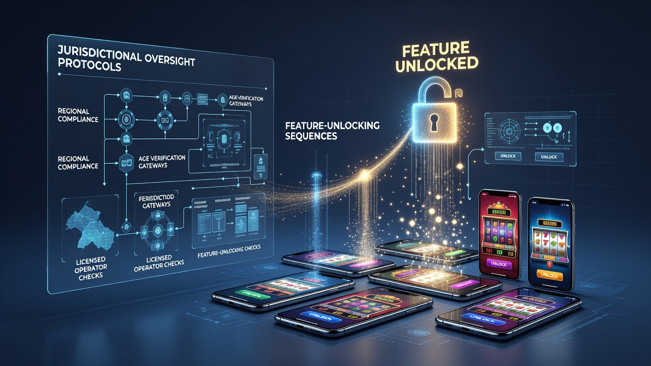 Mobile gaming interface displaying location-based feature access indicators alongside regulatory compliance markers