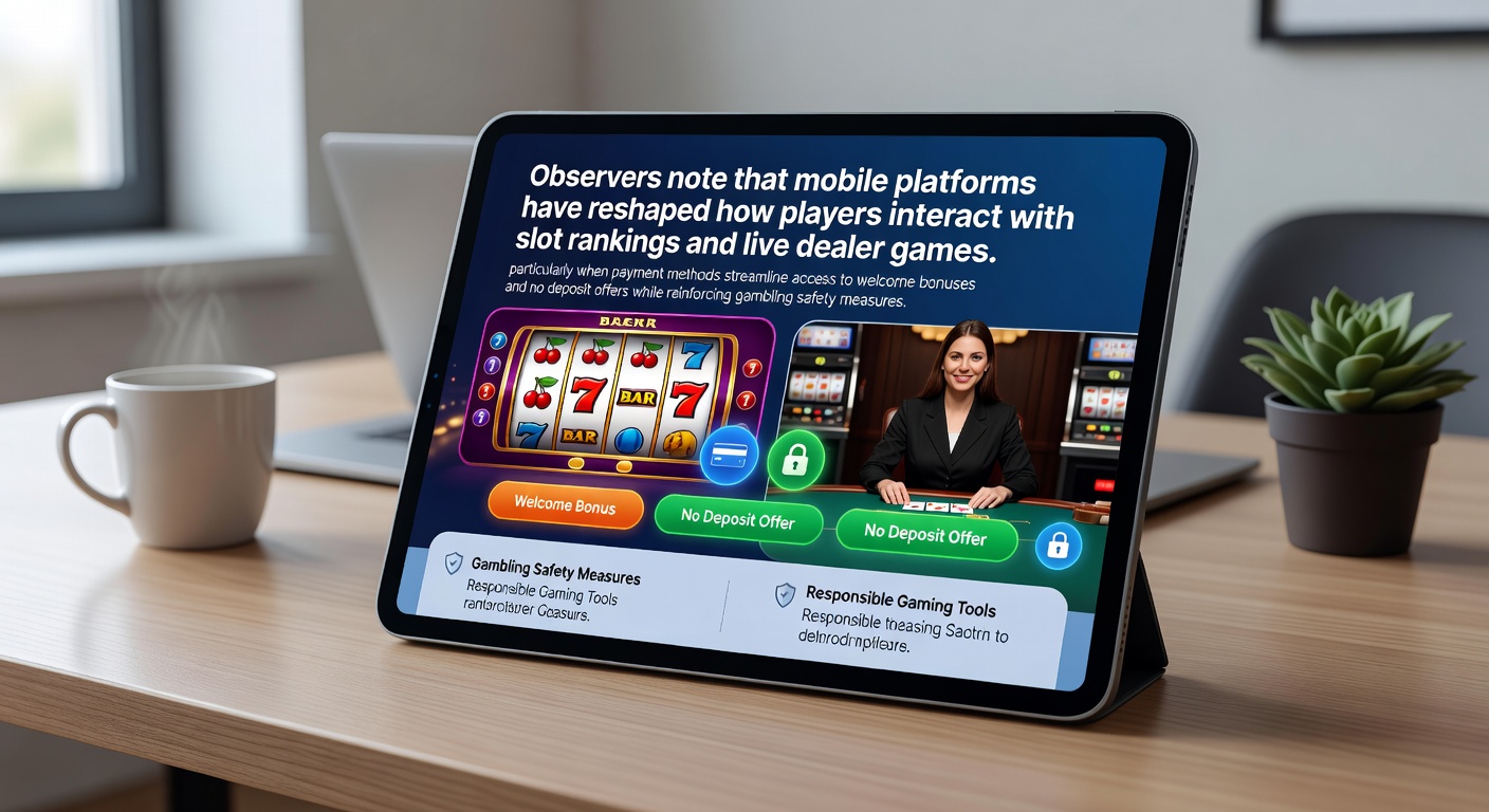 Mobile casino interface showing slot rankings and live dealer tables with secure payment options highlighted