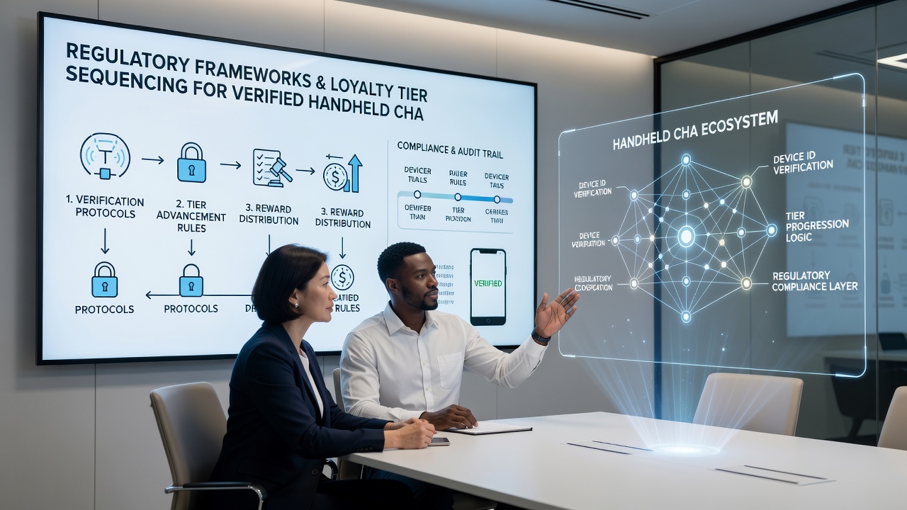 Mobile device displaying sequenced loyalty tier progression under regulatory compliance dashboard