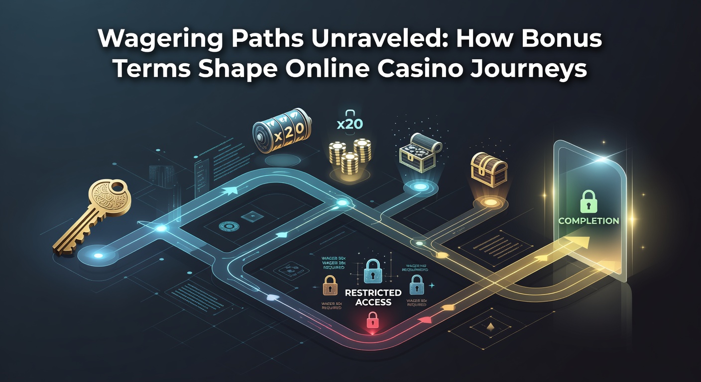 A winding path through a vibrant online casino landscape, symbolizing the twists and turns of wagering requirements on bonus journeys